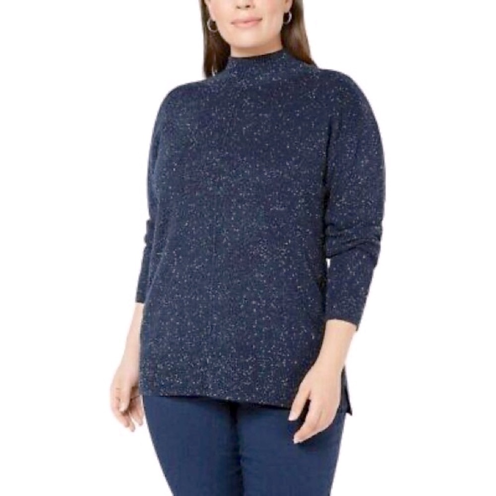 Karen Scott Spackled Print Seam Front Mockneck Pullover Sweater